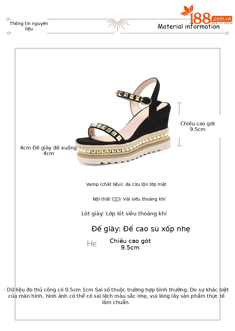 Sandal cao gót nữ đế xuồng đan rơm, mũi vuông hở ngón, quai ngang đinh tán — màu đen, màu kaki chi tiết 2