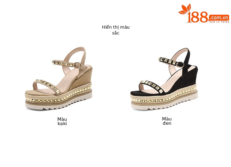 Sandal cao gót nữ đế xuồng đan rơm, mũi vuông hở ngón, quai ngang đinh tán — màu đen, màu kaki chi tiết 3