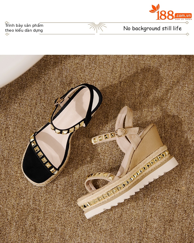 Sandal cao gót nữ đế xuồng đan rơm, mũi vuông hở ngón, quai ngang đinh tán — màu đen, màu kaki chi tiết 13