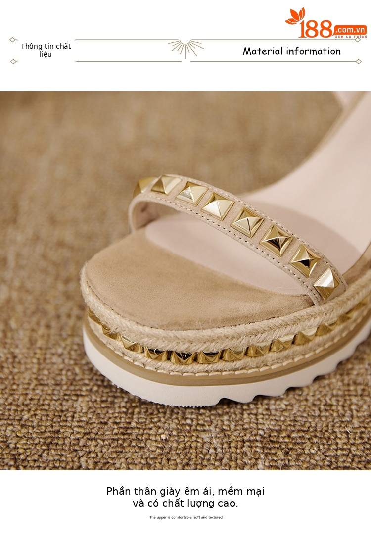 Sandal cao gót nữ đế xuồng đan rơm, mũi vuông hở ngón, quai ngang đinh tán — màu đen, màu kaki chi tiết 18