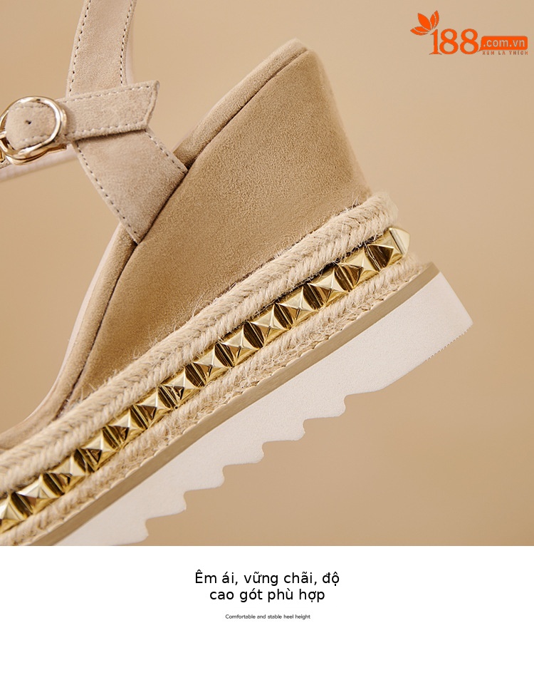 Sandal cao gót nữ đế xuồng đan rơm, mũi vuông hở ngón, quai ngang đinh tán — màu đen, màu kaki chi tiết 19