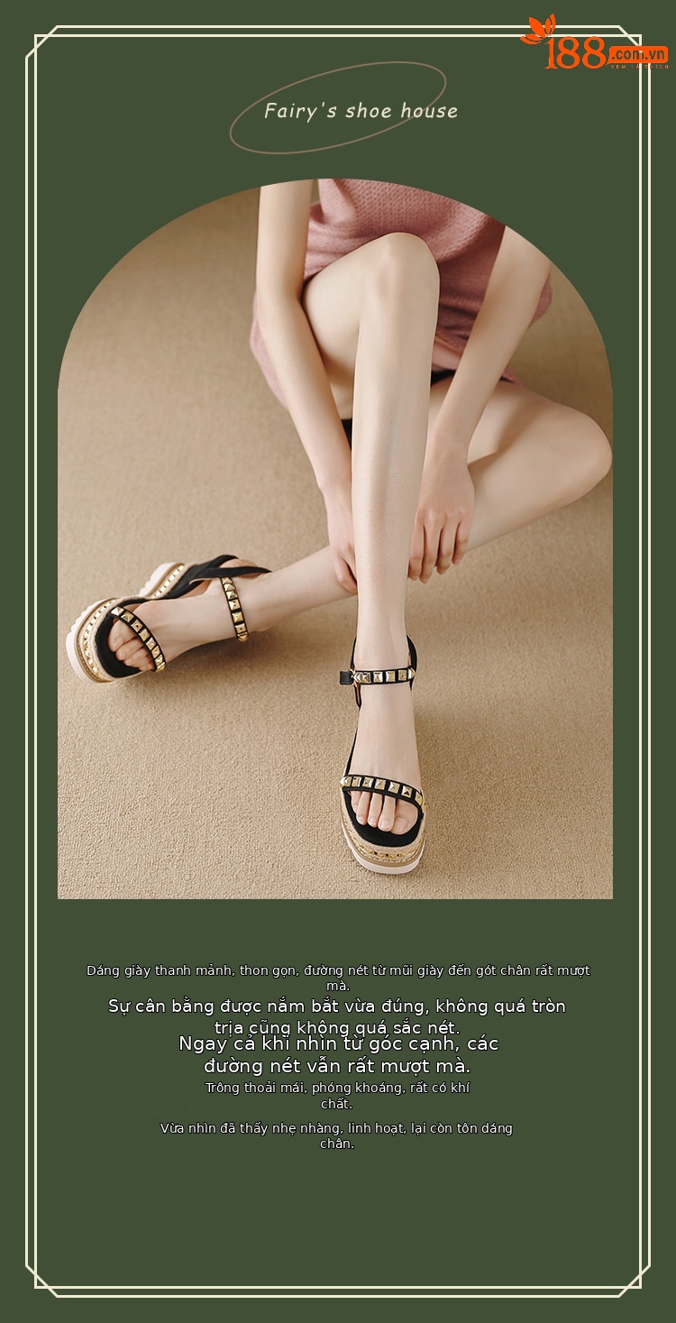 Sandal cao gót nữ đế xuồng đan rơm, mũi vuông hở ngón, quai ngang đinh tán — màu đen, màu kaki chi tiết 1