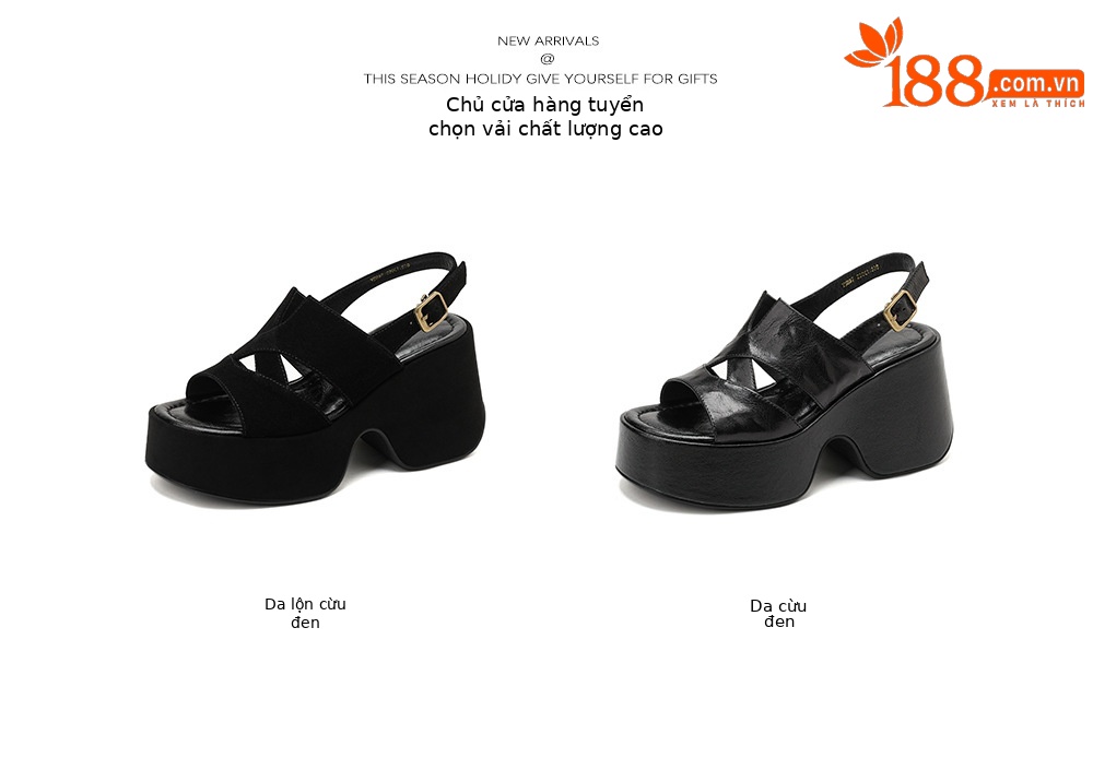 Sandal cao gót nữ đế platform da lộn quai ngang gót 9 cm — Da cừu đen lật, Da cừu đen chi tiết 4