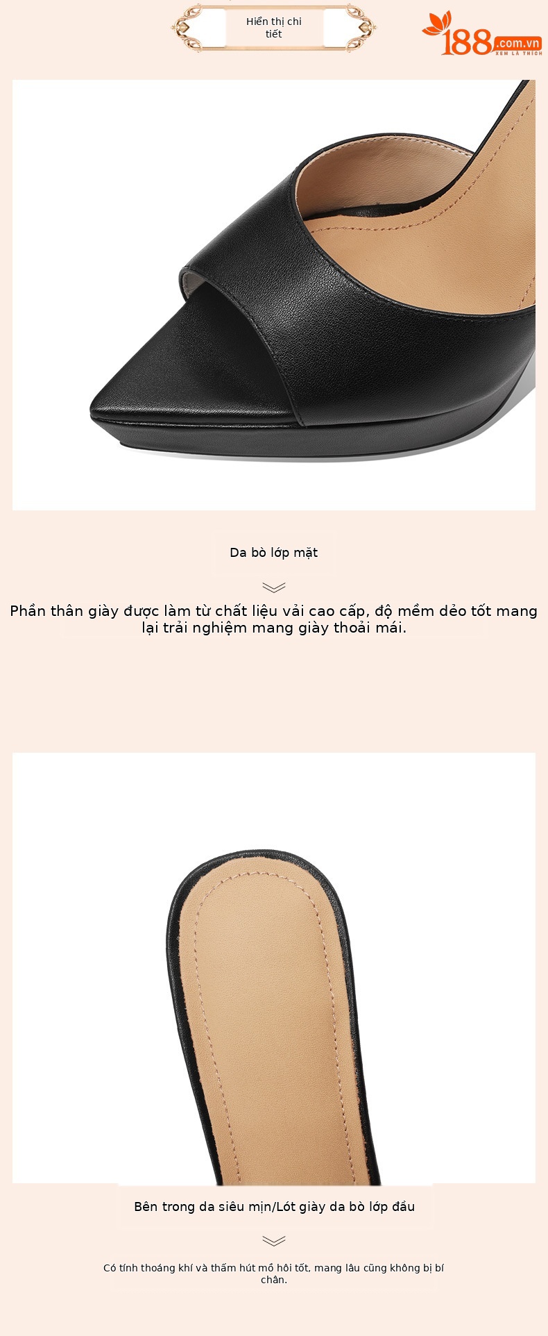 Sandal cao gót nữ mũi nhọn hở ngón, đế xuồng platform, da thật, gót 10 cm — Trần truồng 10㎝ chi tiết 3