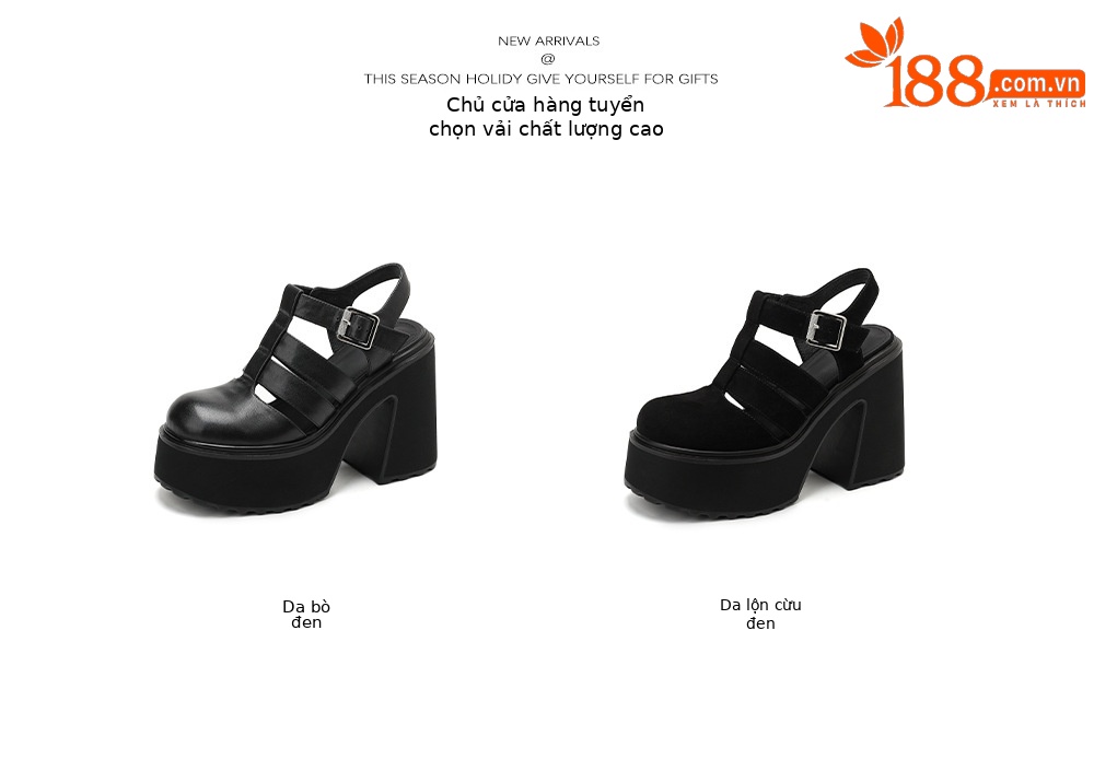Sandal cao gót nữ mũi kín quai T đế xuồng phong cách La Mã — Da cừu lông đen, Da bò đen chi tiết 4