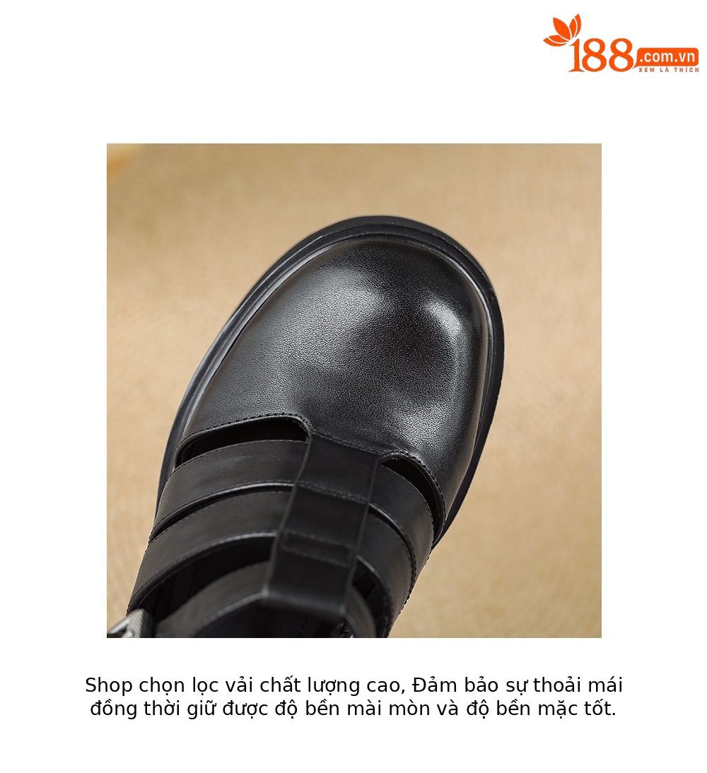 Sandal cao gót nữ mũi kín quai T đế xuồng phong cách La Mã — Da cừu lông đen, Da bò đen chi tiết 17