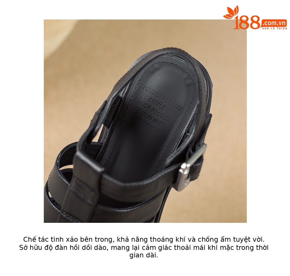 Sandal cao gót nữ mũi kín quai T đế xuồng phong cách La Mã — Da cừu lông đen, Da bò đen chi tiết 18