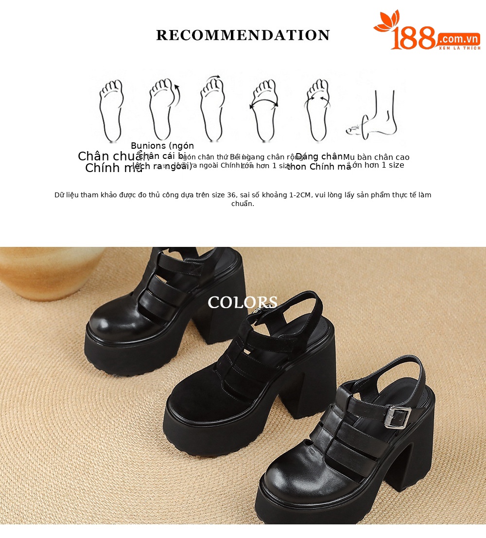Sandal cao gót nữ mũi kín quai T đế xuồng phong cách La Mã — Da cừu lông đen, Da bò đen chi tiết 3