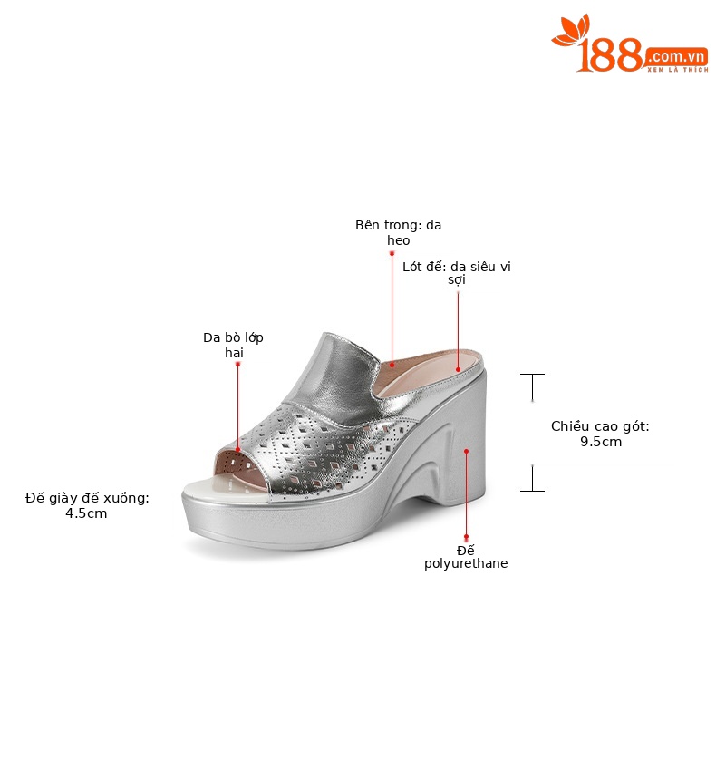 Dép sandal nữ quai ngang đế xuồng cao gót 9 cm da PU lỗ rỗ — màu vàng, bạc chi tiết 3