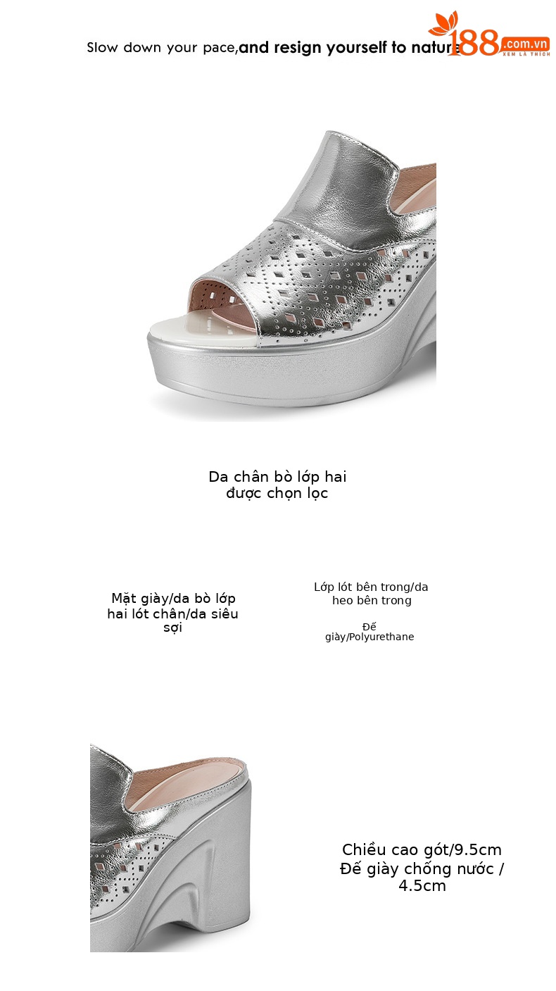 Dép sandal nữ quai ngang đế xuồng cao gót 9 cm da PU lỗ rỗ — màu vàng, bạc chi tiết 2