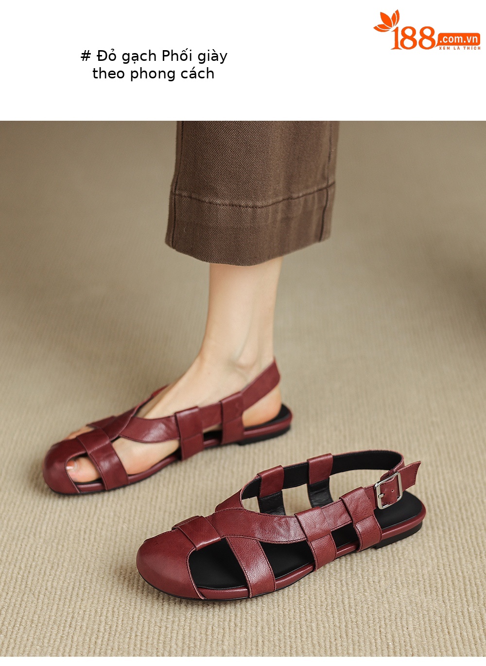 Sandal nữ bệt bọc mũi da bò đan vintage phong cách La Mã — Gạch đỏ chi tiết 7