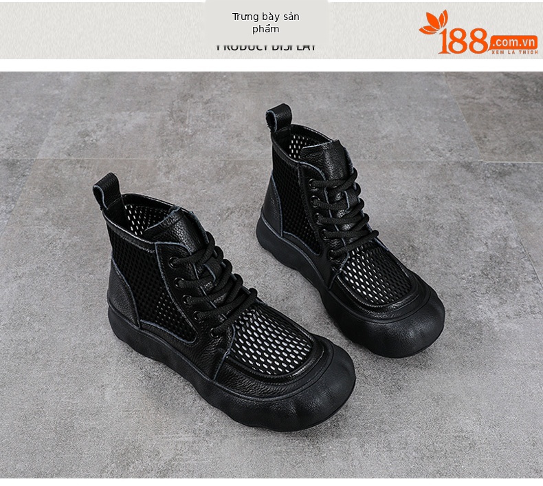 Boot nữ cổ thấp da bò lưới phối đế dày phong cách cổ điển — màu nâu chi tiết 10
