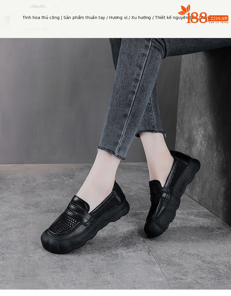 Giày sandal lười nữ đế bệt da bò thật phong cách cổ điển mùa hè — màu nâu chi tiết 1