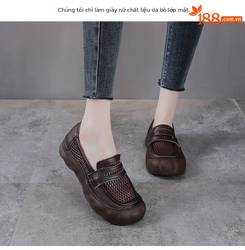 Giày sandal lười nữ đế bệt da bò thật phong cách cổ điển mùa hè — màu nâu chi tiết 2