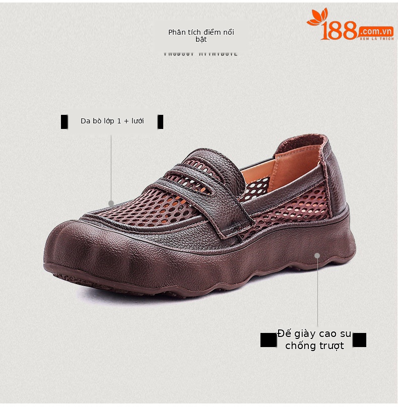 Giày sandal lười nữ đế bệt da bò thật phong cách cổ điển mùa hè — màu nâu chi tiết 3