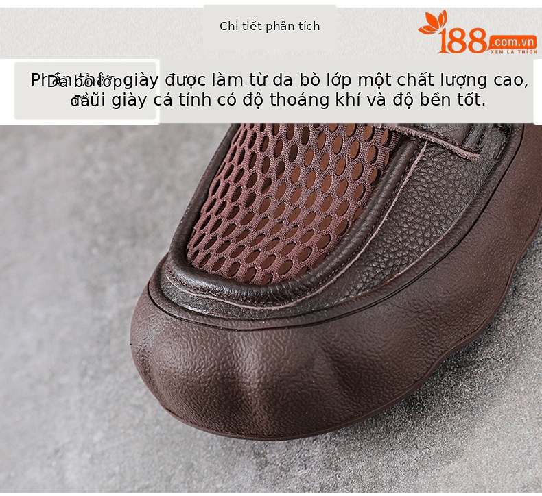 Giày sandal lười nữ đế bệt da bò thật phong cách cổ điển mùa hè — màu nâu chi tiết 4