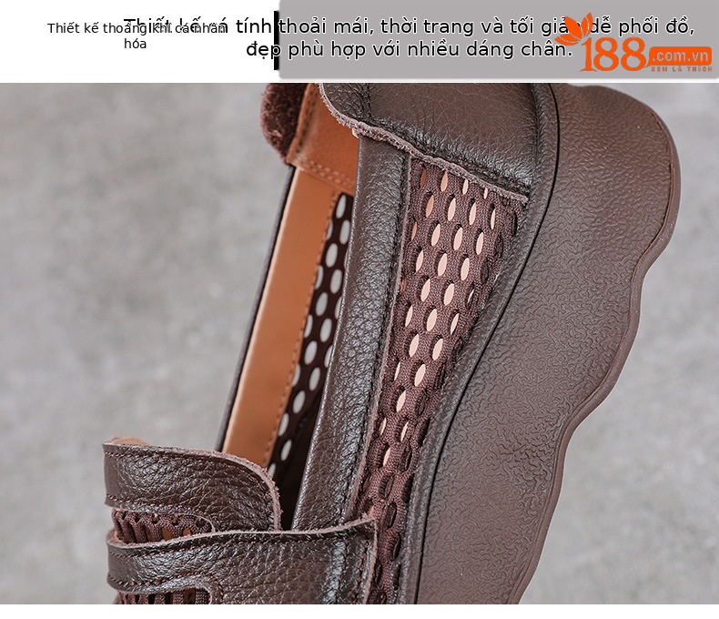 Giày sandal lười nữ đế bệt da bò thật phong cách cổ điển mùa hè — màu nâu chi tiết 5