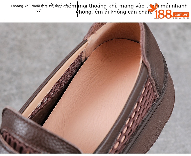 Giày sandal lười nữ đế bệt da bò thật phong cách cổ điển mùa hè — màu nâu chi tiết 6