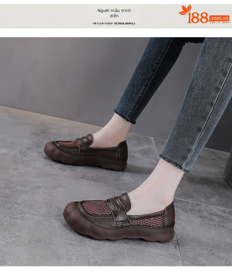 Giày sandal lười nữ đế bệt da bò thật phong cách cổ điển mùa hè — màu nâu chi tiết 9