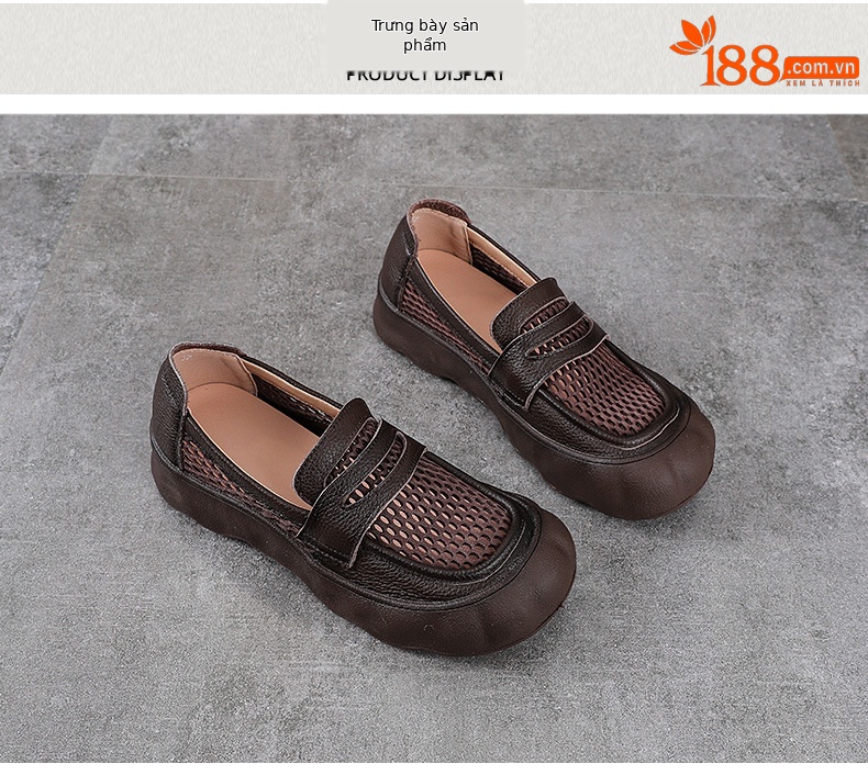 Giày sandal lười nữ đế bệt da bò thật phong cách cổ điển mùa hè — màu nâu chi tiết 10