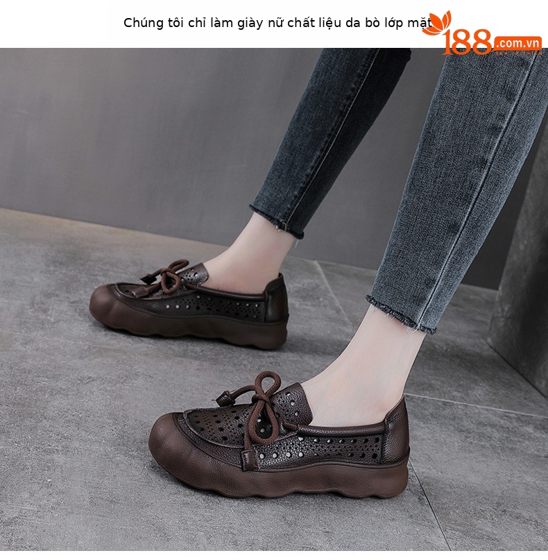 Giày lười nữ da bò mũi vuông đế mềm phong cách cổ điển — màu nâu chi tiết 2