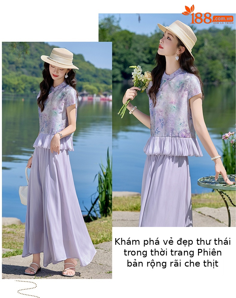 Set áo sơ mi phối quần ống rộng nữ thắt eo 2026 — màu tím chi tiết 2