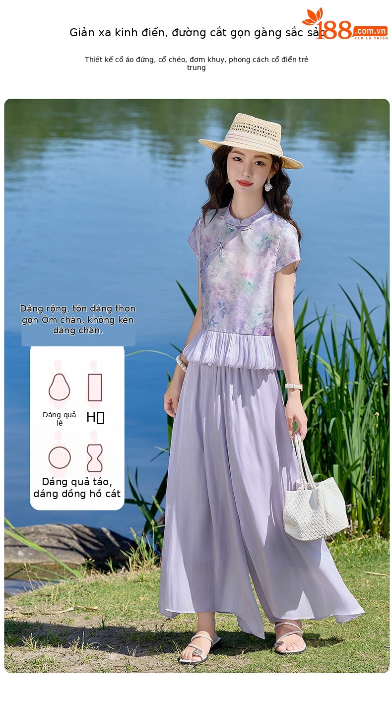 Set áo sơ mi phối quần ống rộng nữ thắt eo 2026 — màu tím chi tiết 6