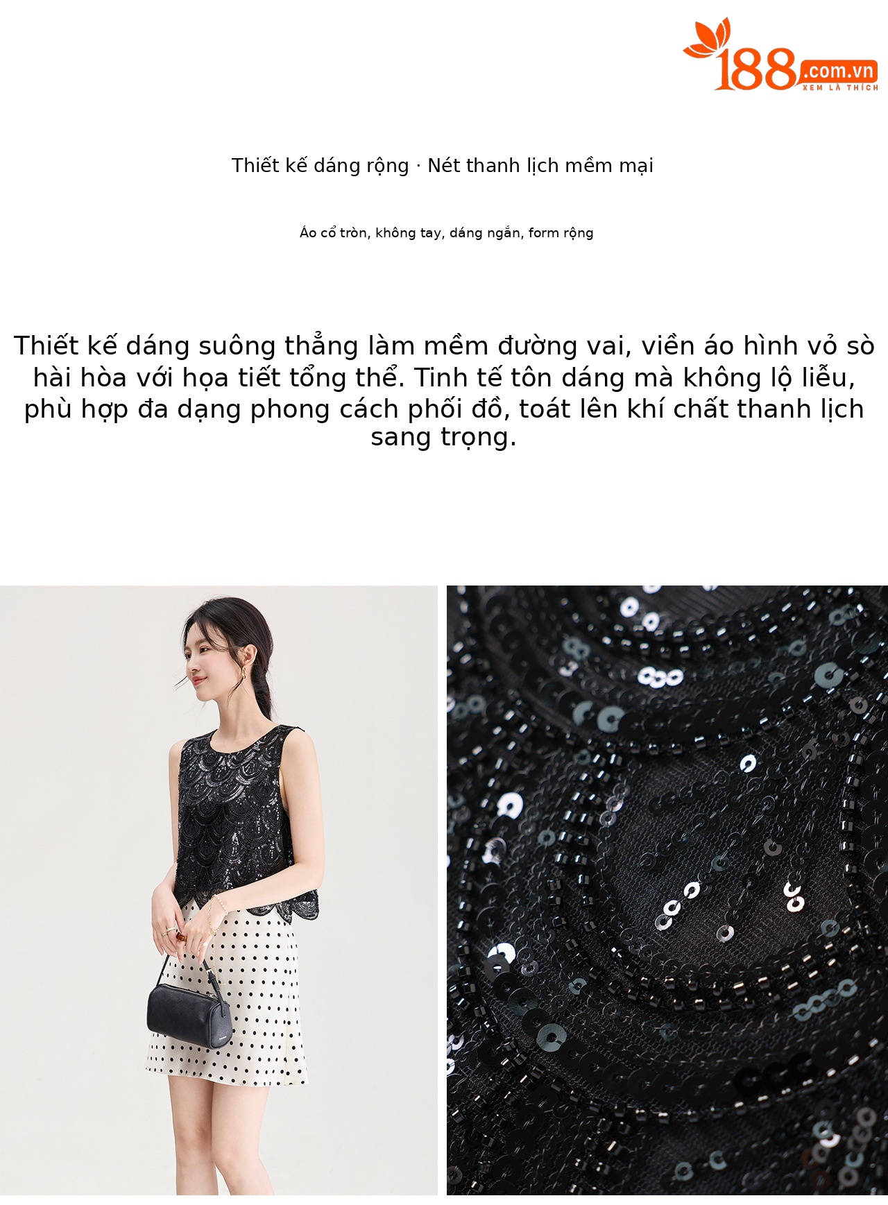Áo hai dây nữ đính cườm sequin cao cấp phong cách Pháp — màu đen chi tiết 8