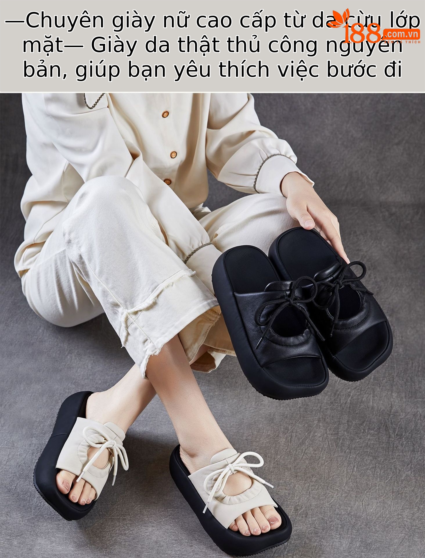 Dép sandal nữ quai chữ V đế dày phong cách Hàn Quốc, buộc dây hở mũi, form bánh mì — màu đen, trắng ngà chi tiết 1