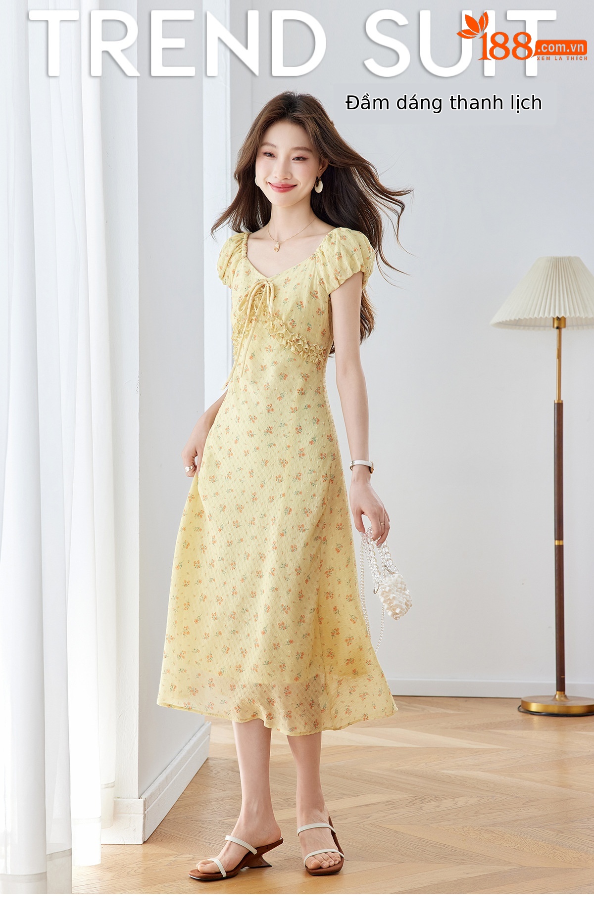 Đầm maxi nữ thắt eo cổ V họa tiết hoa nhí phong cách Pháp — màu vàng, màu đỏ chi tiết 1