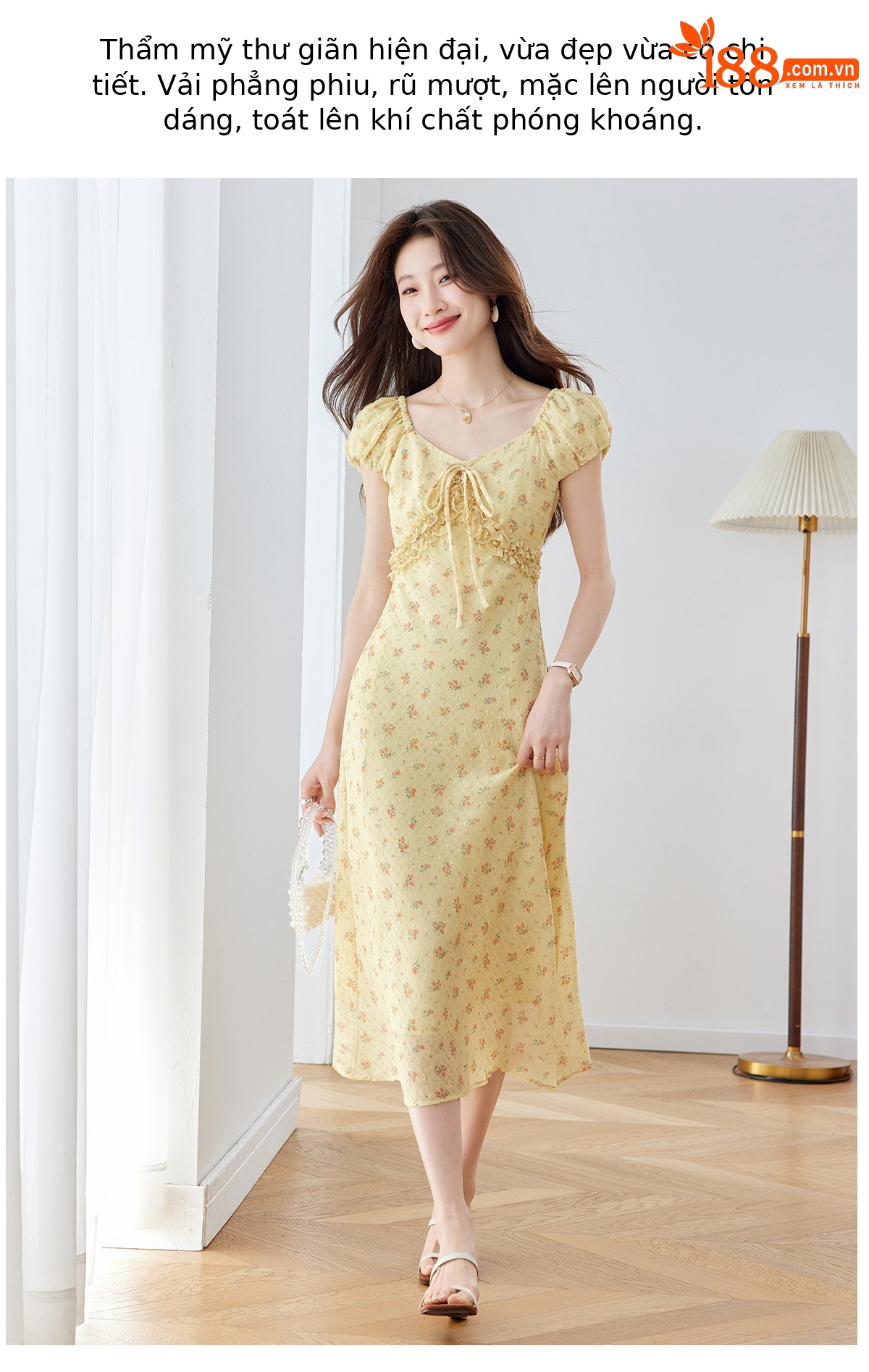 Đầm maxi nữ thắt eo cổ V họa tiết hoa nhí phong cách Pháp — màu vàng, màu đỏ chi tiết 3