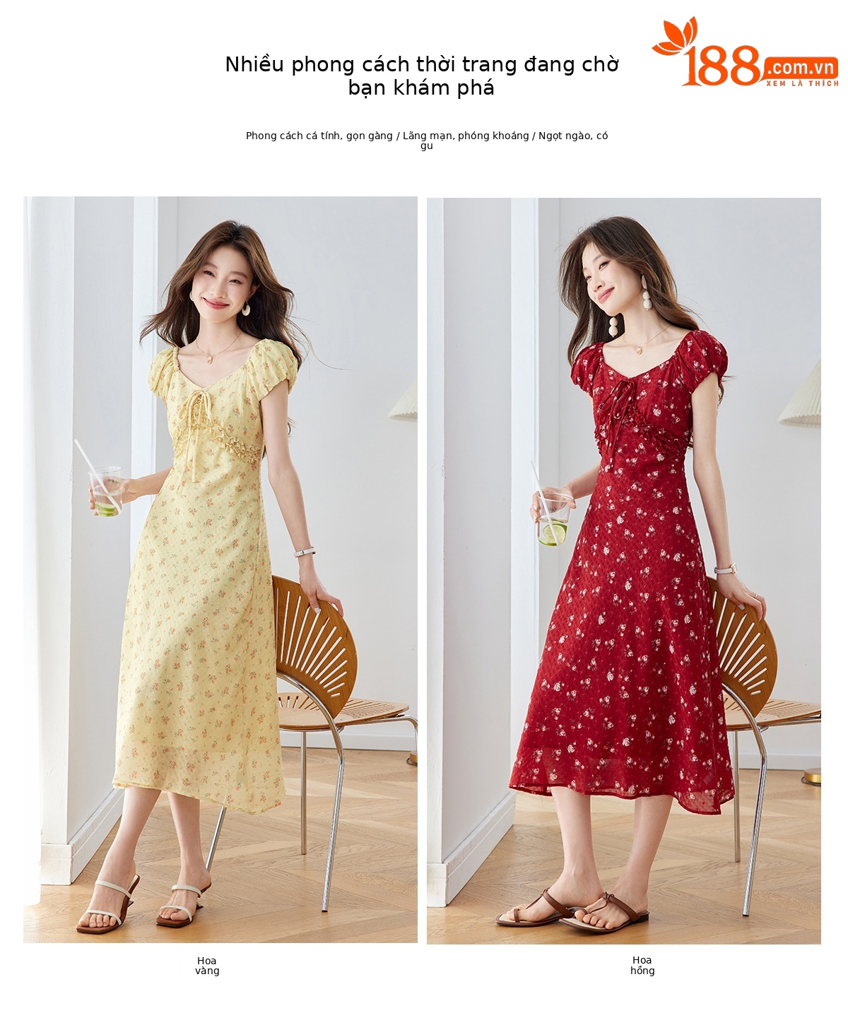 Đầm maxi nữ thắt eo cổ V họa tiết hoa nhí phong cách Pháp — màu vàng, màu đỏ chi tiết 4