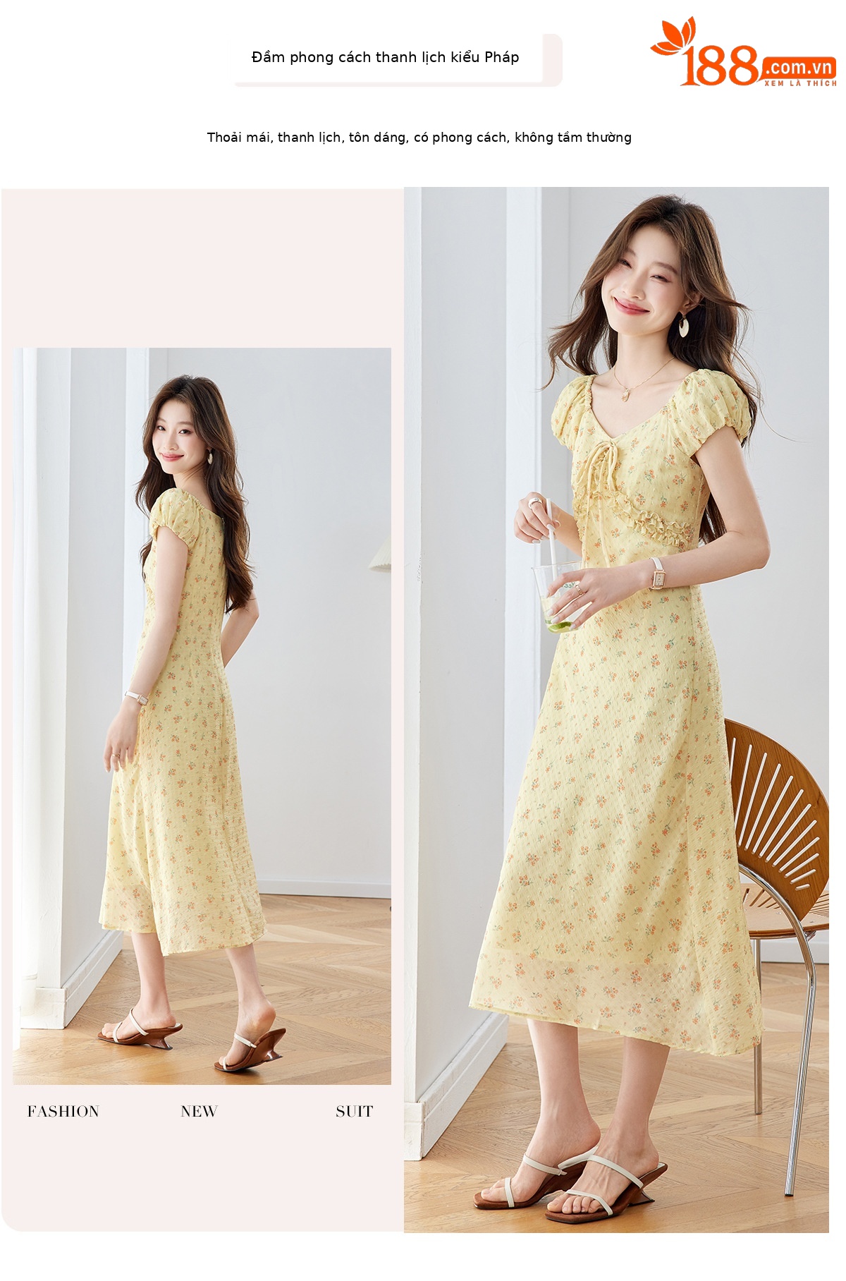 Đầm maxi nữ thắt eo cổ V họa tiết hoa nhí phong cách Pháp — màu vàng, màu đỏ chi tiết 5