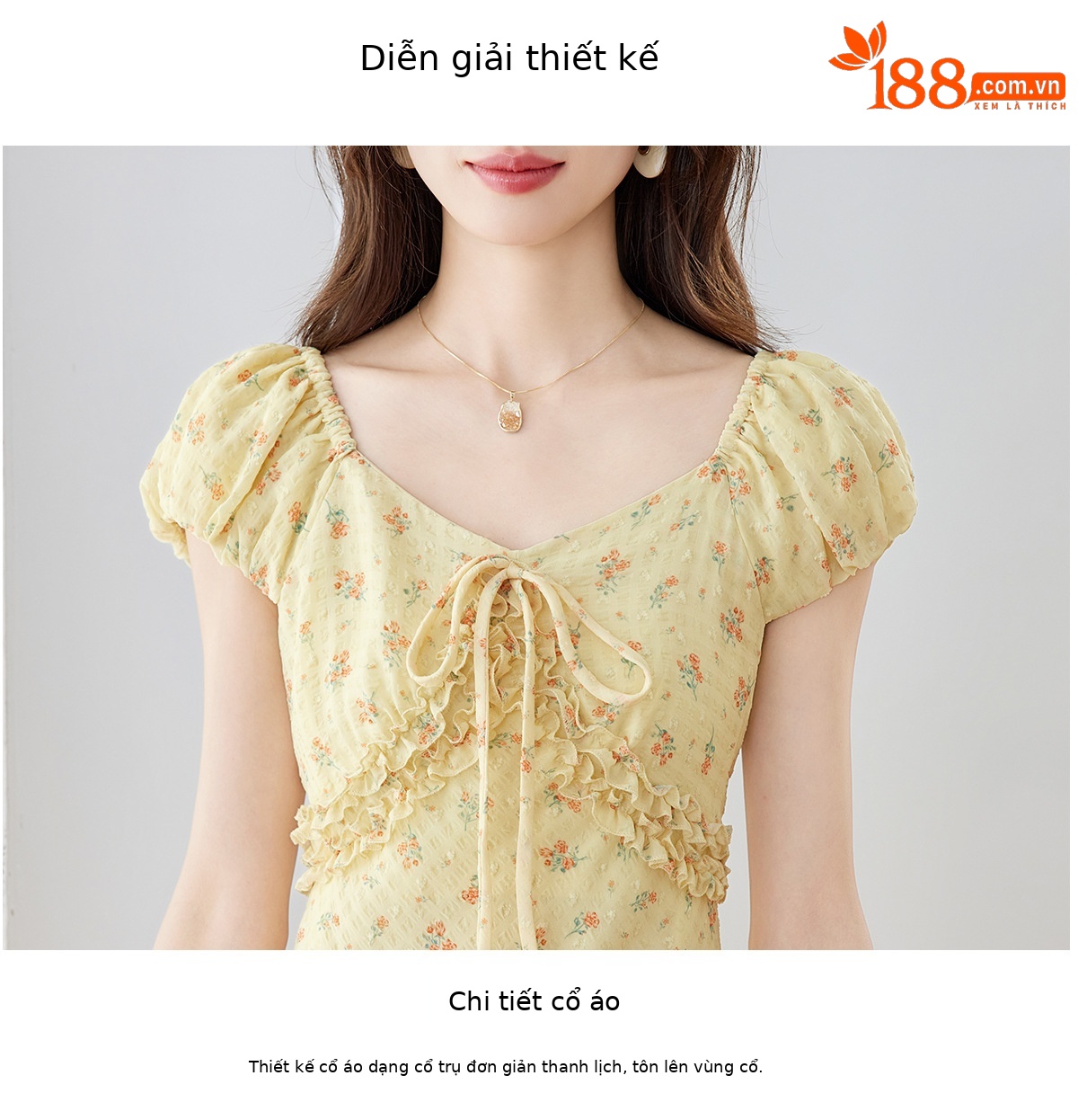 Đầm maxi nữ thắt eo cổ V họa tiết hoa nhí phong cách Pháp — màu vàng, màu đỏ chi tiết 6