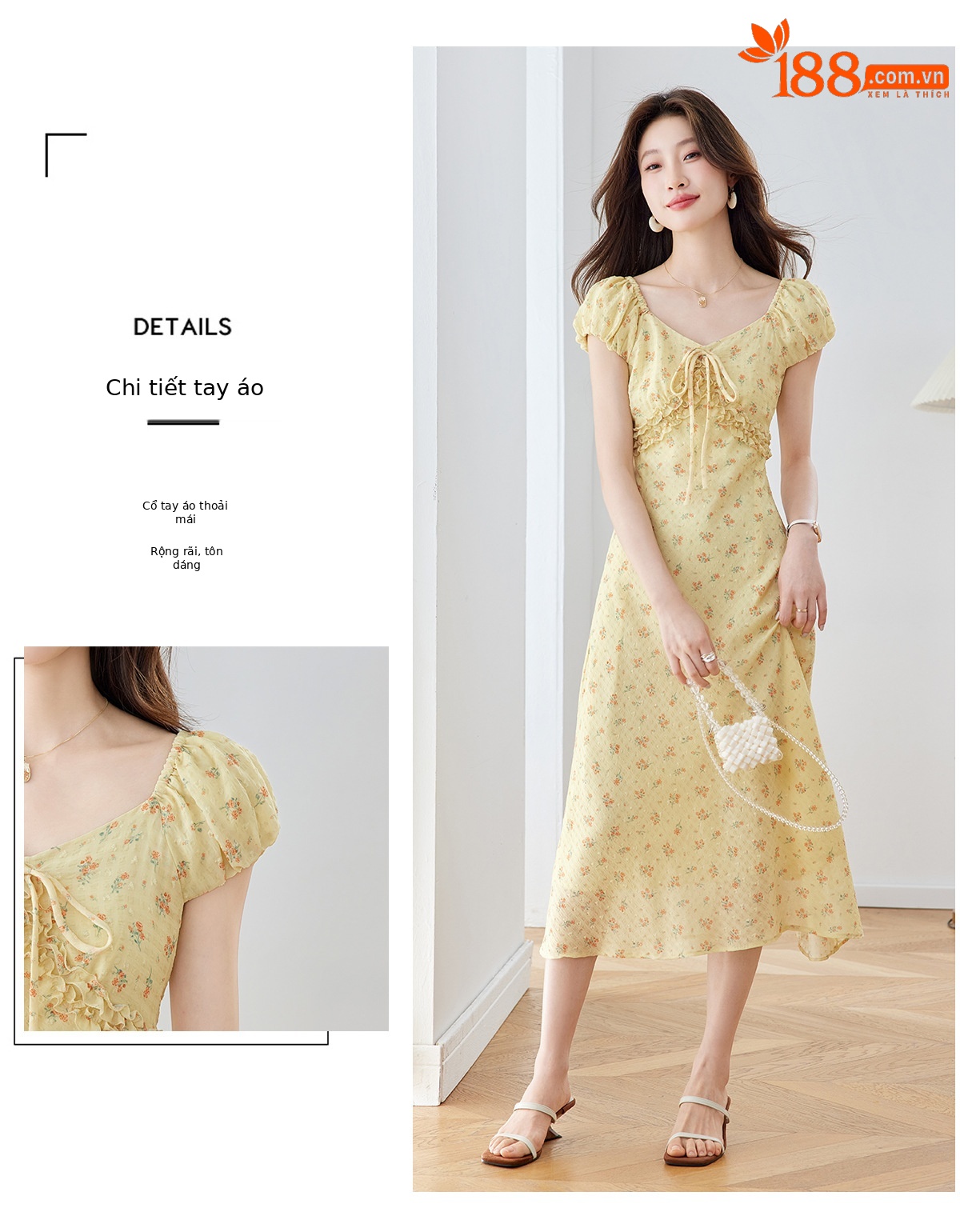 Đầm maxi nữ thắt eo cổ V họa tiết hoa nhí phong cách Pháp — màu vàng, màu đỏ chi tiết 7