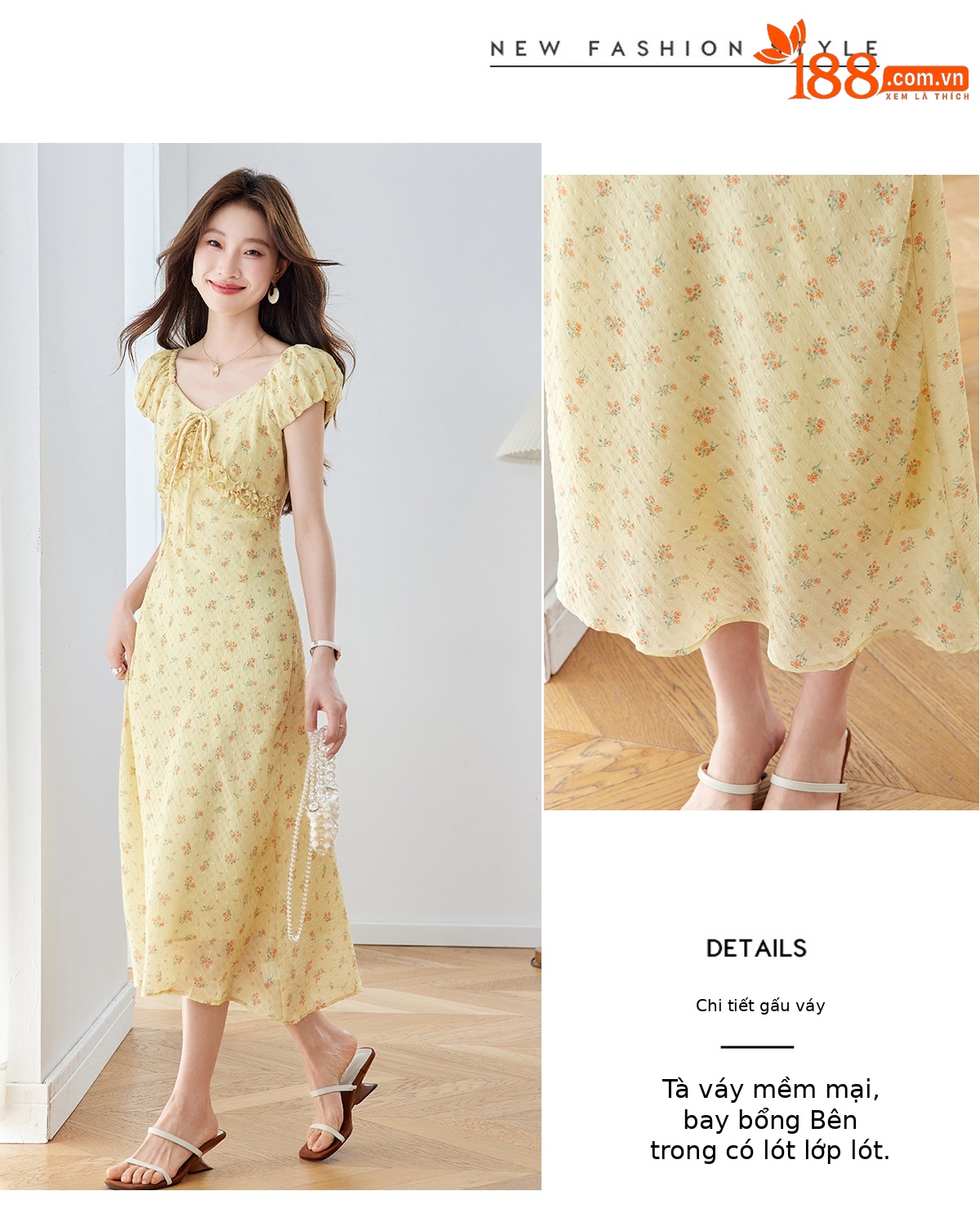 Đầm maxi nữ thắt eo cổ V họa tiết hoa nhí phong cách Pháp — màu vàng, màu đỏ chi tiết 8