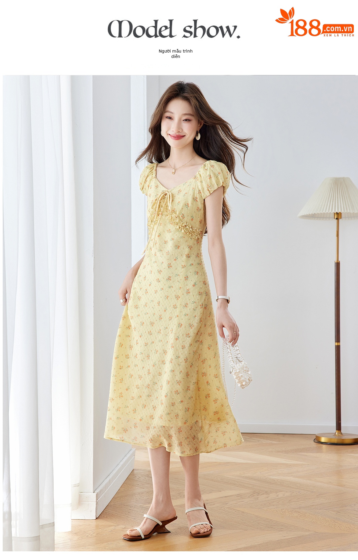 Đầm maxi nữ thắt eo cổ V họa tiết hoa nhí phong cách Pháp — màu vàng, màu đỏ chi tiết 11