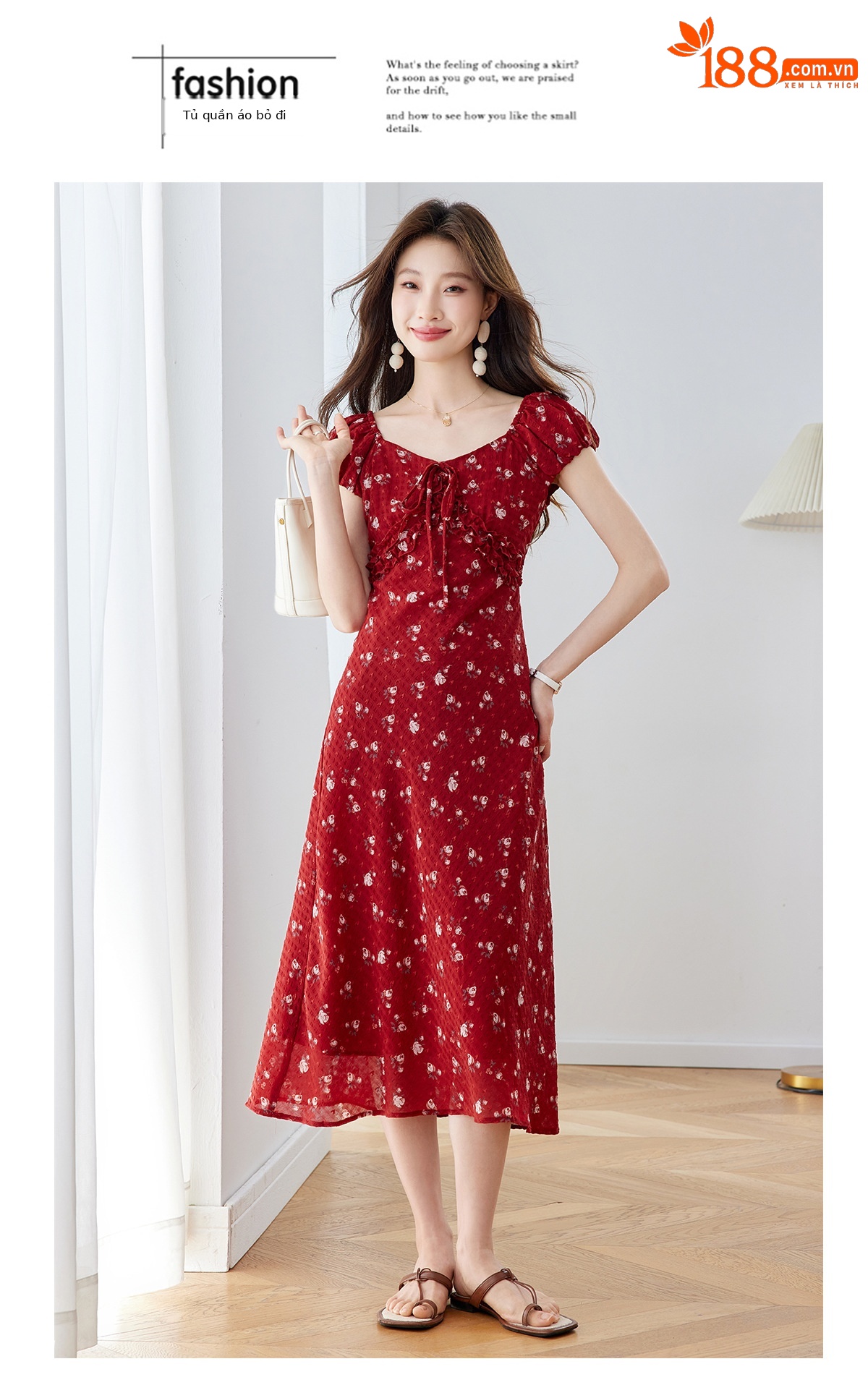 Đầm maxi nữ thắt eo cổ V họa tiết hoa nhí phong cách Pháp — màu vàng, màu đỏ chi tiết 20