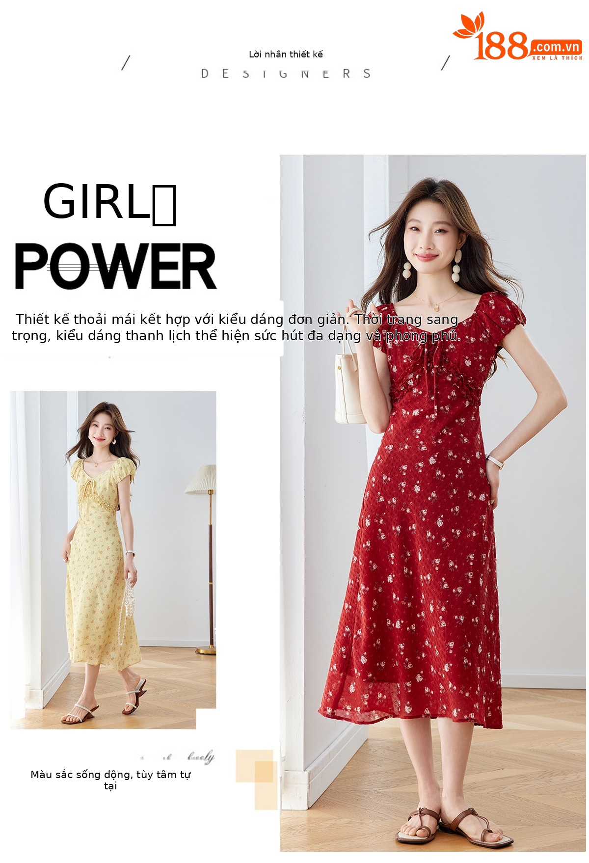 Đầm maxi nữ thắt eo cổ V họa tiết hoa nhí phong cách Pháp — màu vàng, màu đỏ chi tiết 2