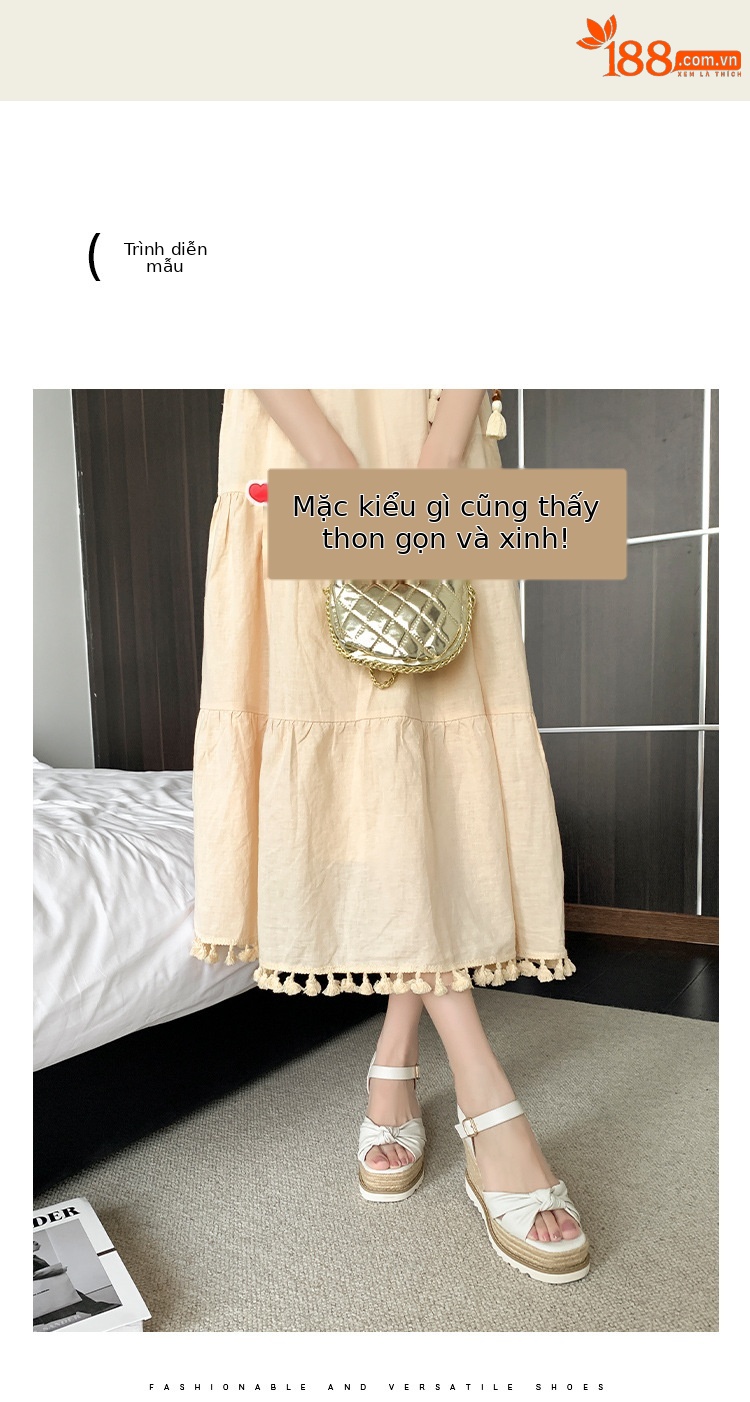 Sandal nữ quai ngang gót xuồng hở mũi phong cách Bohemian — màu nâu, màu trắng chi tiết 2