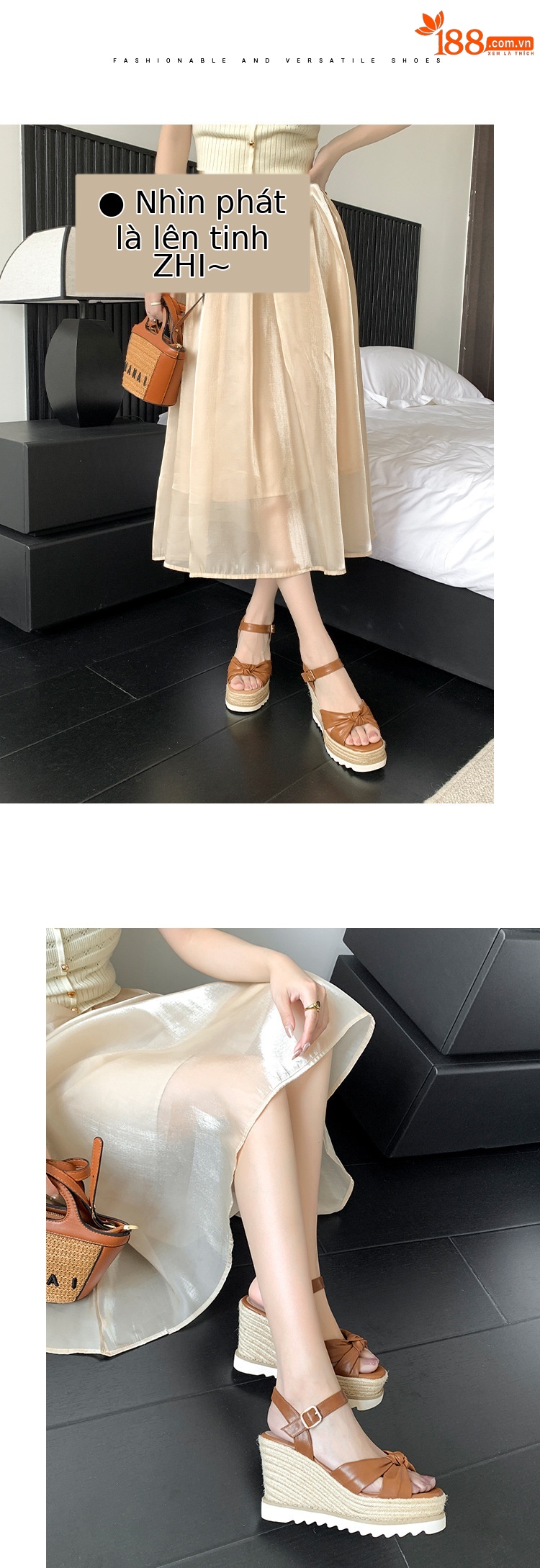 Sandal nữ quai ngang gót xuồng hở mũi phong cách Bohemian — màu nâu, màu trắng chi tiết 6