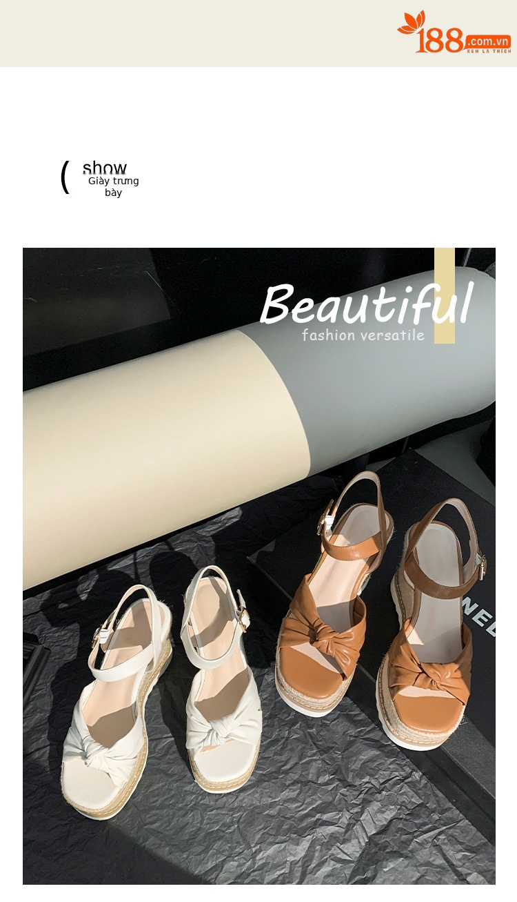 Sandal nữ quai ngang gót xuồng hở mũi phong cách Bohemian — màu nâu, màu trắng chi tiết 11