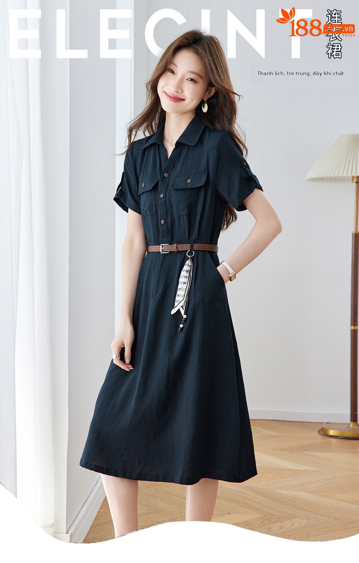 Đầm maxi nữ cổ bẻ thắt eo dáng suông kèm dây lưng — Xanh lông mòng đen, màu trắng chi tiết 1
