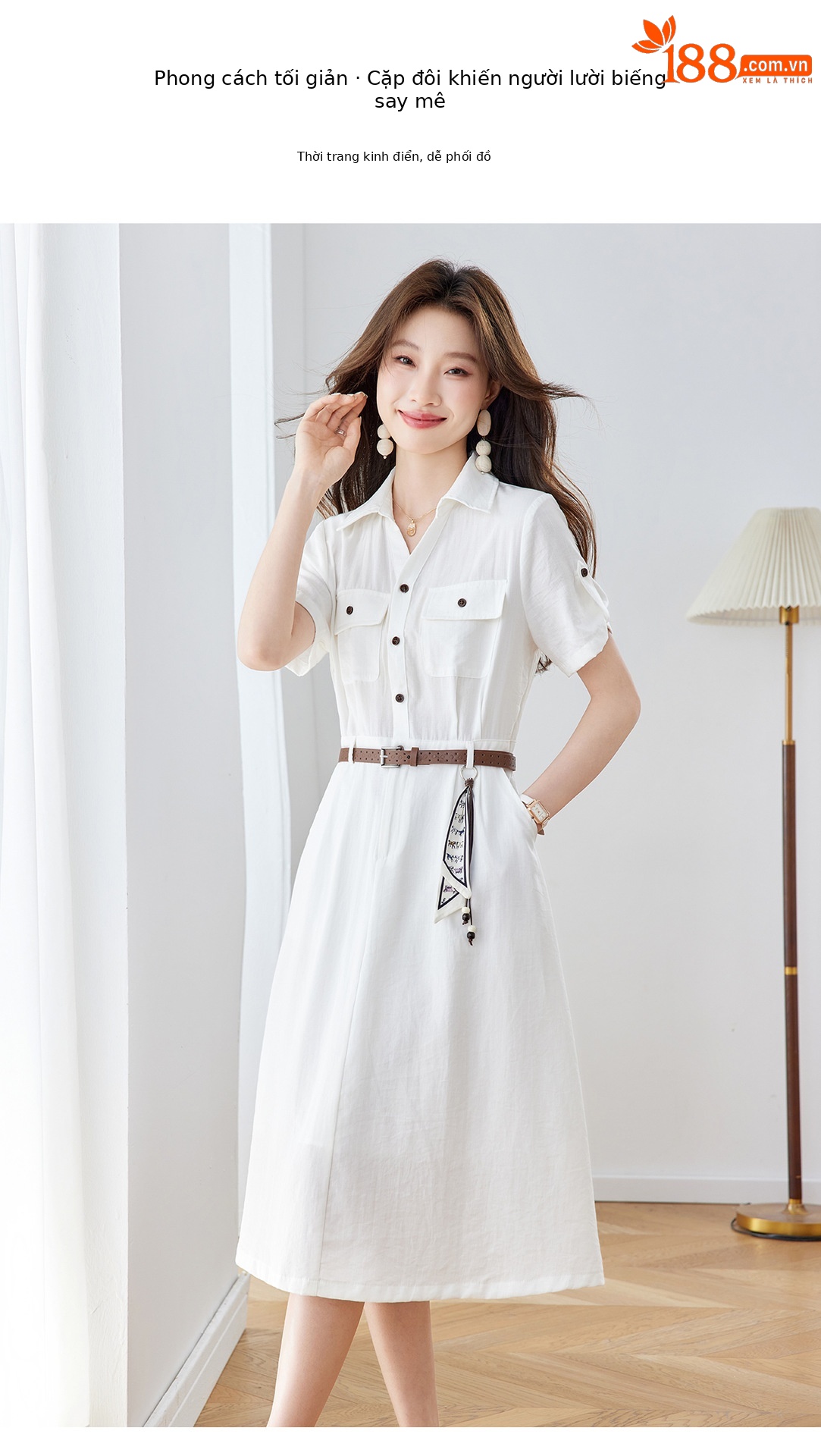 Đầm maxi nữ cổ bẻ thắt eo dáng suông kèm dây lưng — Xanh lông mòng đen, màu trắng chi tiết 4