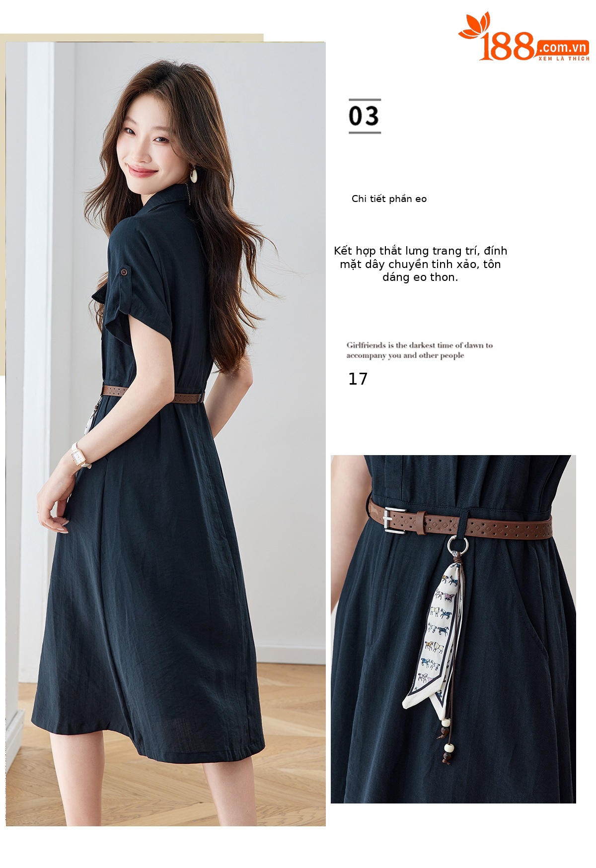 Đầm maxi nữ cổ bẻ thắt eo dáng suông kèm dây lưng — Xanh lông mòng đen, màu trắng chi tiết 7