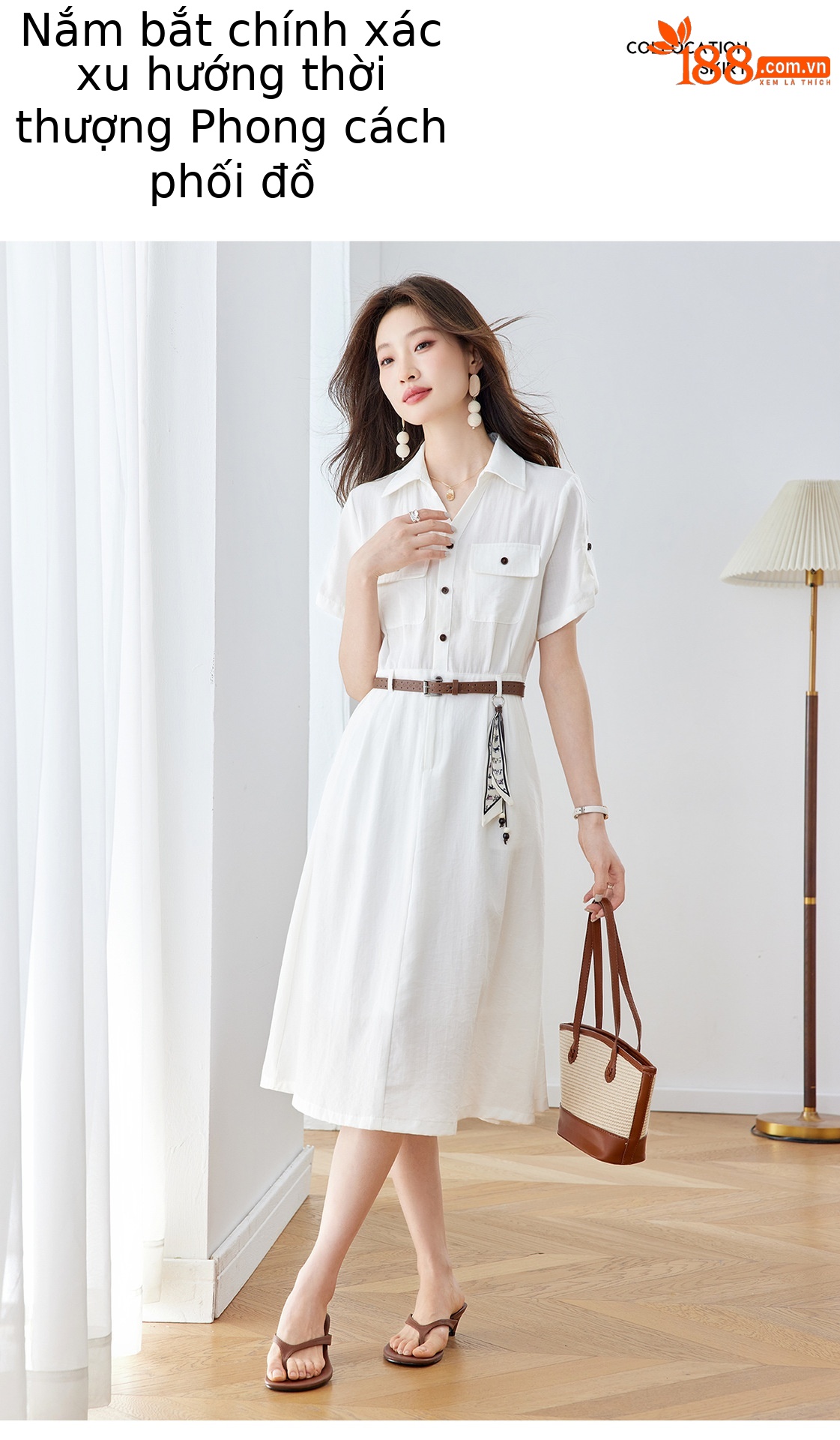 Đầm maxi nữ cổ bẻ thắt eo dáng suông kèm dây lưng — Xanh lông mòng đen, màu trắng chi tiết 8