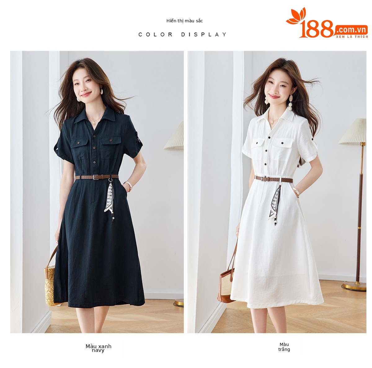 Đầm maxi nữ cổ bẻ thắt eo dáng suông kèm dây lưng — Xanh lông mòng đen, màu trắng chi tiết 10