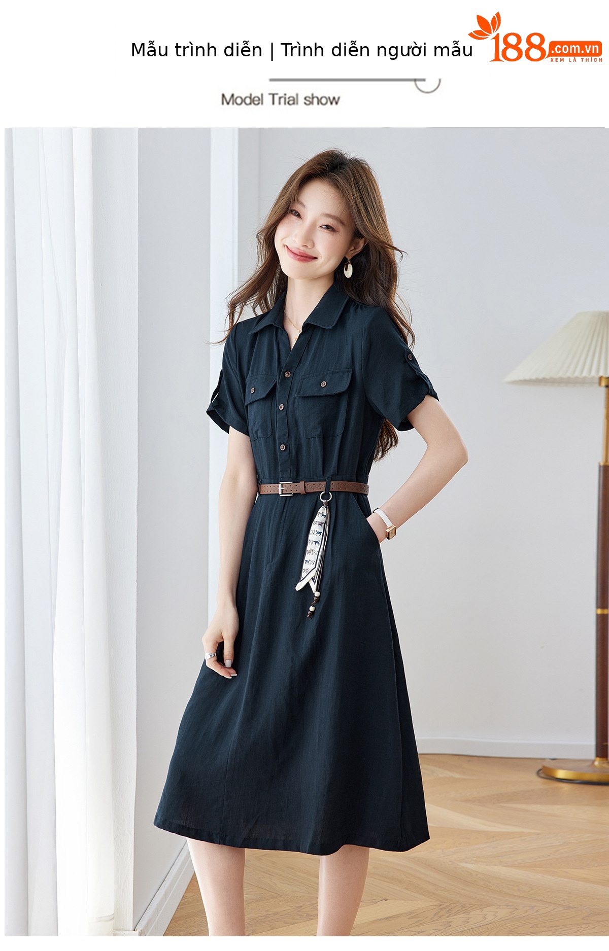 Đầm maxi nữ cổ bẻ thắt eo dáng suông kèm dây lưng — Xanh lông mòng đen, màu trắng chi tiết 11