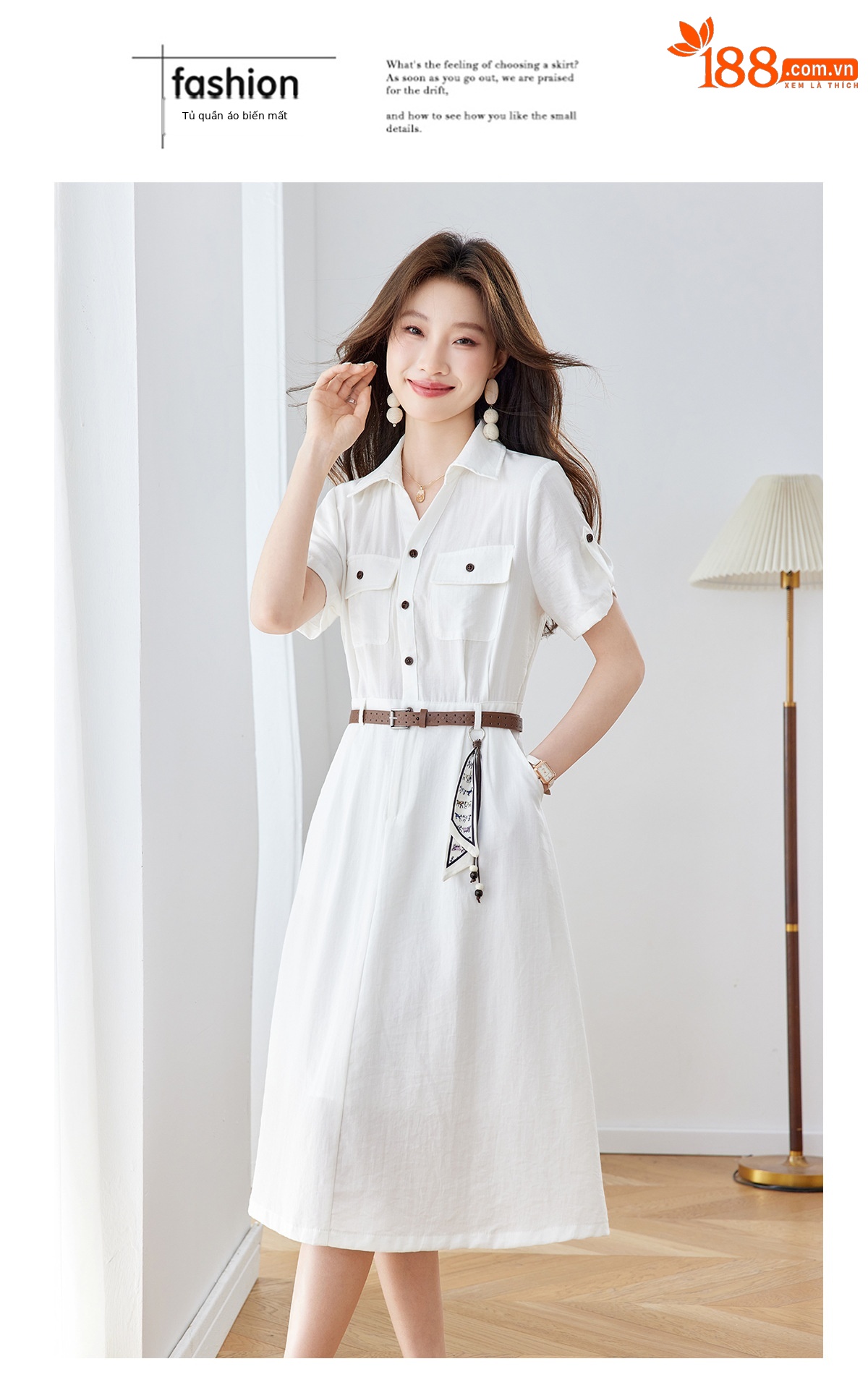 Đầm maxi nữ cổ bẻ thắt eo dáng suông kèm dây lưng — Xanh lông mòng đen, màu trắng chi tiết 20