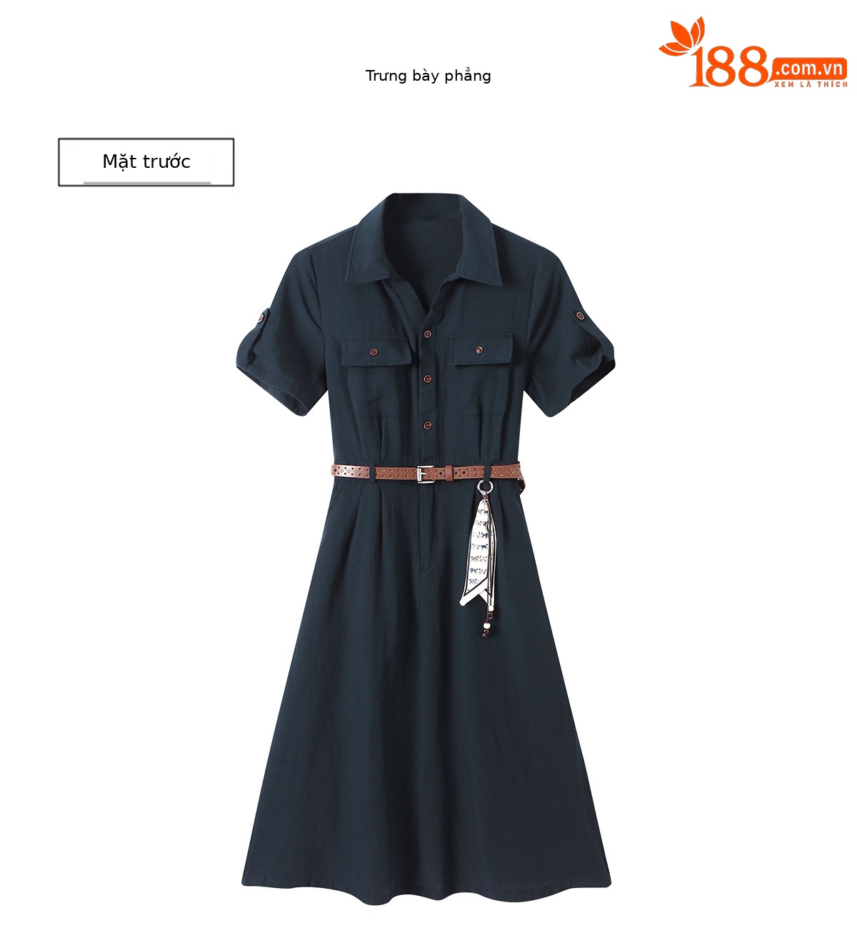 Đầm maxi nữ cổ bẻ thắt eo dáng suông kèm dây lưng — Xanh lông mòng đen, màu trắng chi tiết 26